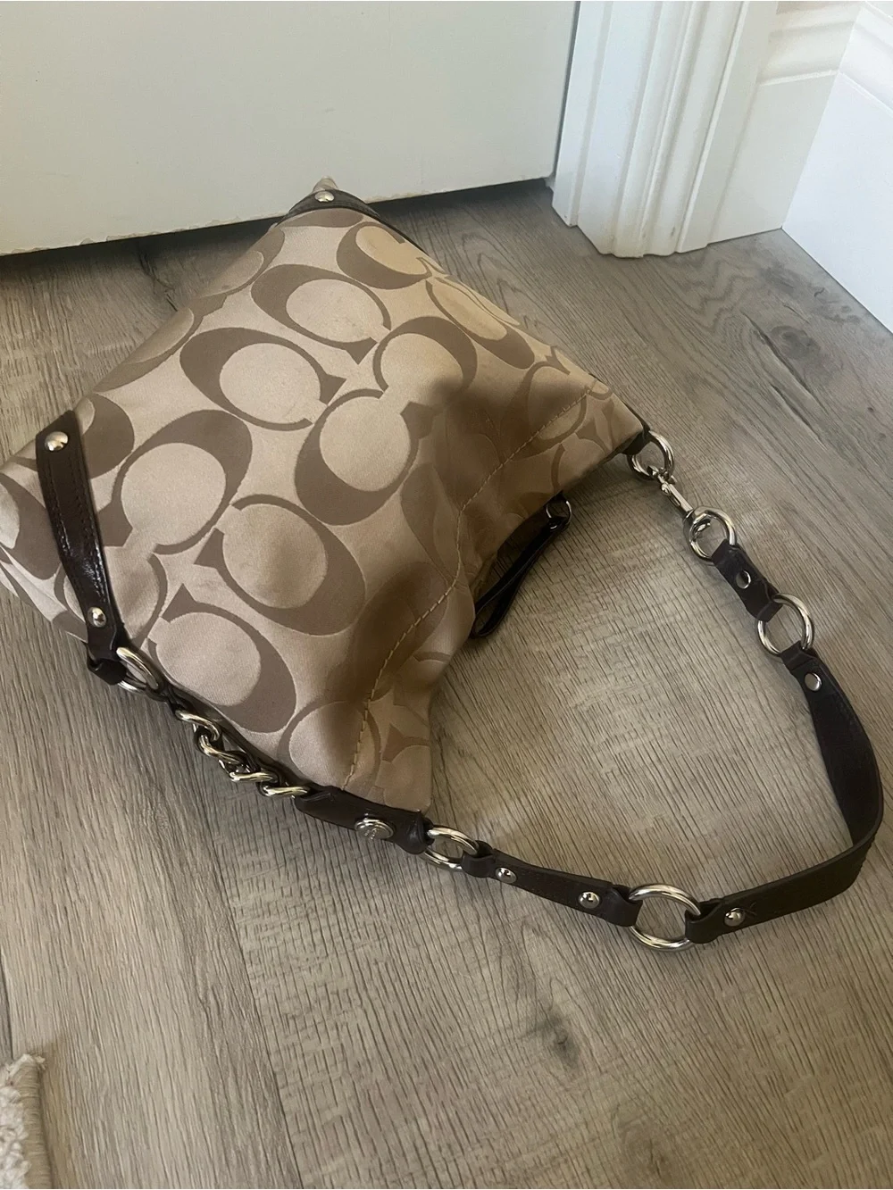 Coach Tan Khaki Signature Carly Hobo Bag with Dark Brown Trim
